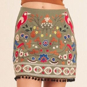 Umgee Embroidered Floral Bird Tan Brown Pom Pom Trim Boho Mini Skirt